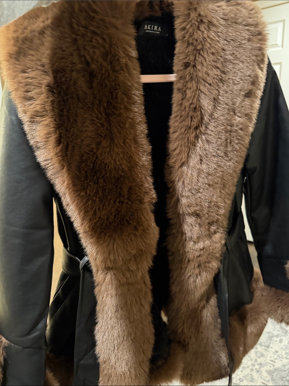 AKIRA Black Trench Coat with Brown Faux Fur Trim